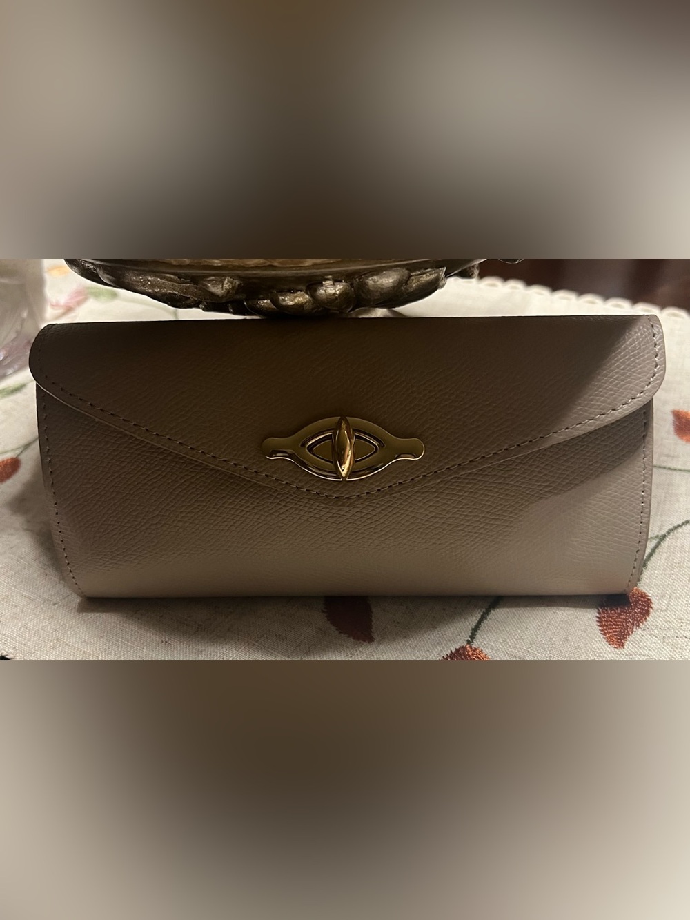 Elegant Taupe Leather Envelope Clutch with Gold-Tone Turn Lock